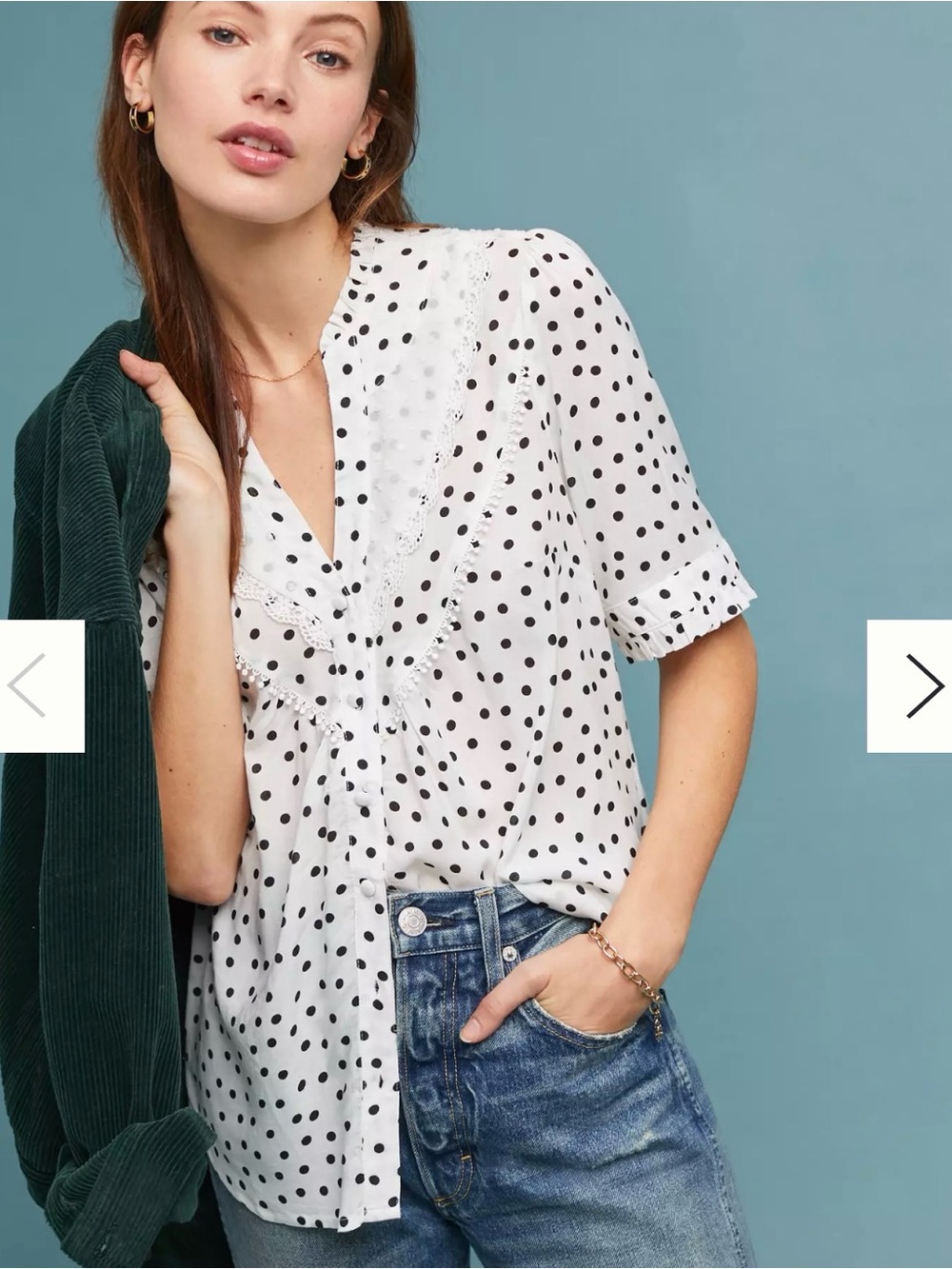 Maeve Anthropologie Brunia Polka Dot Lace Trim Blouse Shirt Size 4